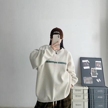 美式潮牌印花无帽圆领卫衣女宽松大版oversize小众设计感加绒上衣