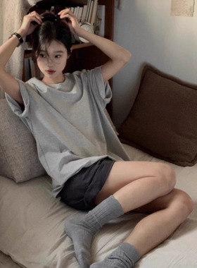 100%纯棉韩版纯色短袖t恤女夏款2025新款休闲百搭显白灰色ins上衣