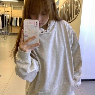 美式休闲基础纯白灰色连帽纽扣卫衣女2025秋冬加绒加厚百搭上衣