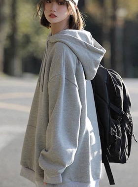 潮牌基础款休闲灰色连帽卫衣女宽松oversize慵懒风秋冬加绒上衣