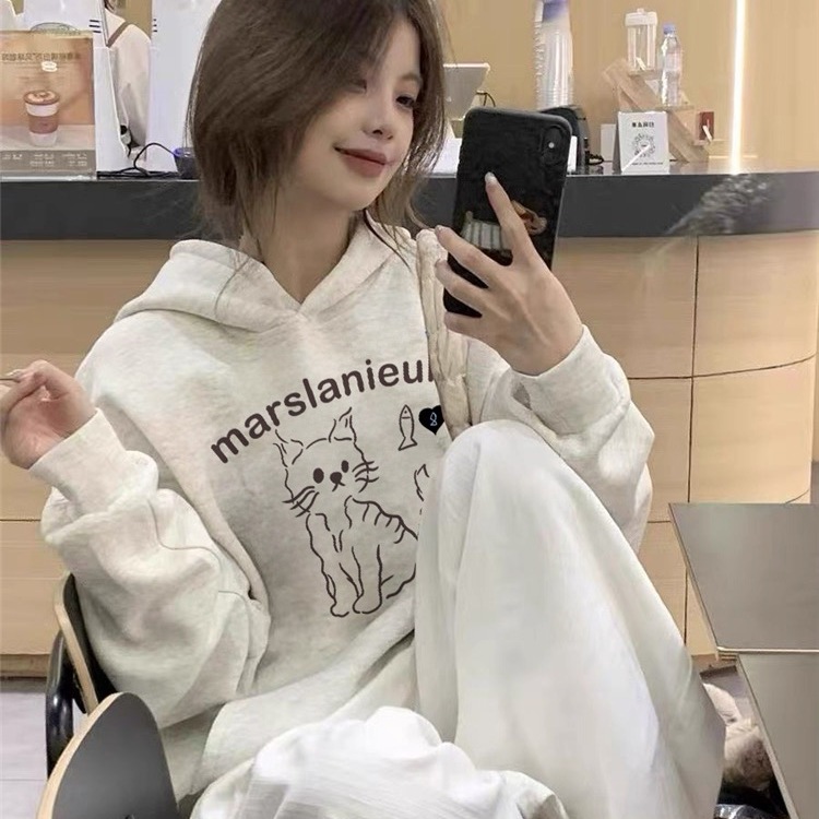 纯棉白灰色连帽卫衣女2025正流行