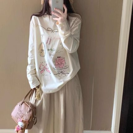 100%纯棉白色长袖t恤女打底衫2025新款内搭外穿圆领设计感ins上衣