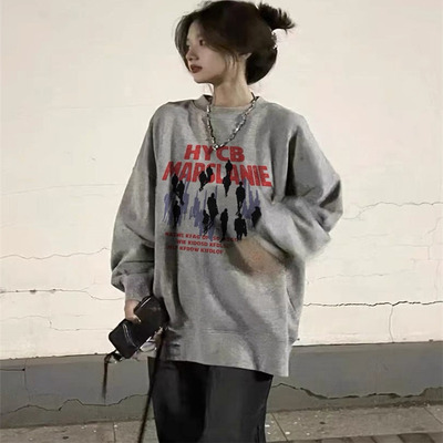 纯棉美式灰色复古圆领卫衣女加绒