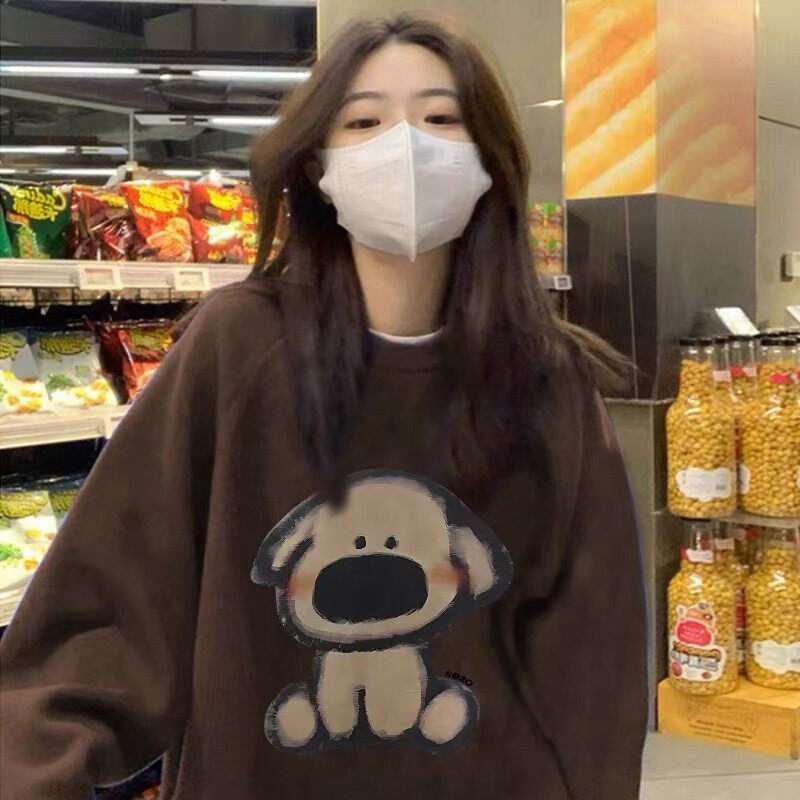 美式复古棕色卡通小熊潮牌圆领卫衣女春秋薄款设计感小众宽松上衣