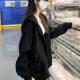 纯棉连帽黑色外套卫衣女2025早春秋薄款 宽松休闲百搭上衣潮牌帽衫
