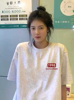 美式潮牌纯棉白灰色短袖T恤女2024新款夏季宽松小众半袖正肩上衣