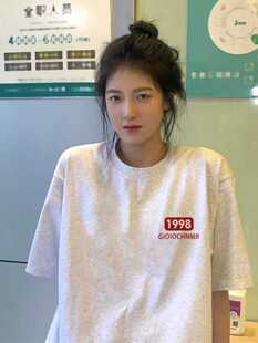 美式潮牌纯棉白灰色短袖T恤女2024新款夏季宽松小众半袖正肩上衣