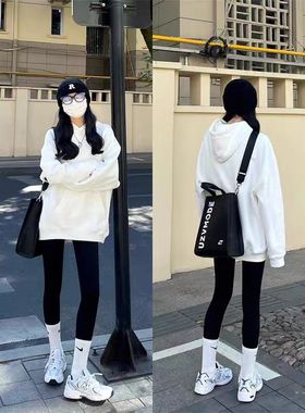 100%纯棉美式白色连帽卫衣女宽松遮屁股2025秋冬加绒上衣潮牌外套