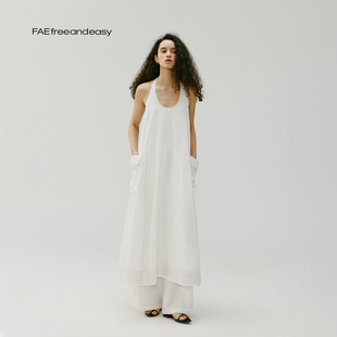 双边袋U领挂脖度假风连衣裙夏季 平和圣光 宽松垂感长裙 FAE