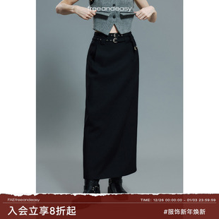 Space Keep 精纺羊毛高衩半裙双腰带直筒黑色半身裙 FAE