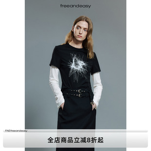 上衣 FAE 两幅面孔 莱赛尔假两件LOGOT线条印花正肩短袖
