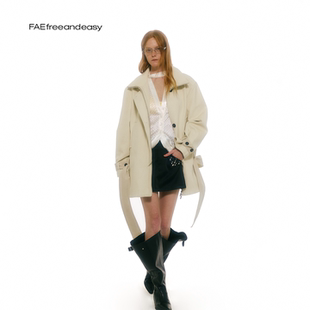 英伦风系带收腰廓形立领灰绿色风衣早春外套女 角落花园 FAE