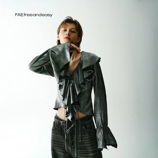 荷叶边黑银细闪上衣女v领喇叭袖 鎏金时代 绑带衬衫 FAE