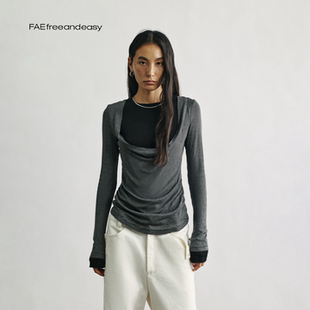 条纹上衣冬季 假两件环领修身 无一物 设计感显瘦羊毛上衣 FAE