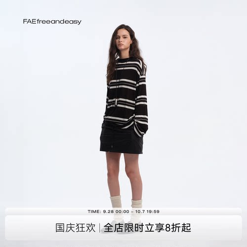 【FAE】“WAI”条纹女装休闲T恤简约长袖宽松上衣舒适百搭
