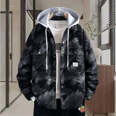 2026早春新款青少年时尚潮流连帽牛仔外套印花设计男生百搭夹克