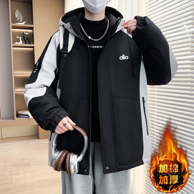 冬季潮牌新款青少年加棉加厚拼色棉衣抗寒琐温男生连帽潮流外套