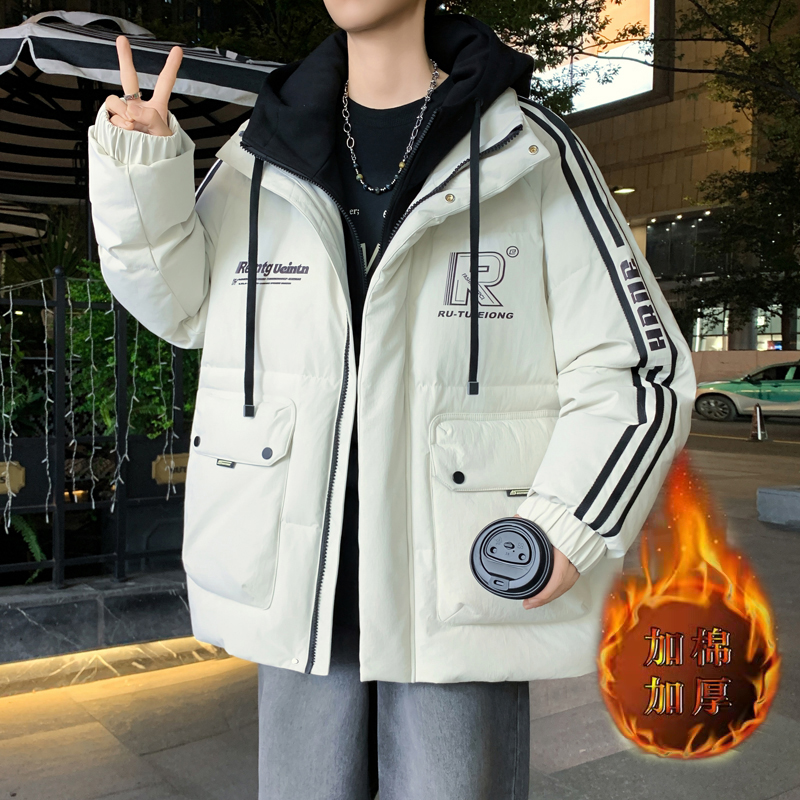 冬季新款青少年假两件连帽棉衣港风时尚加棉加厚保暖百搭男生外套