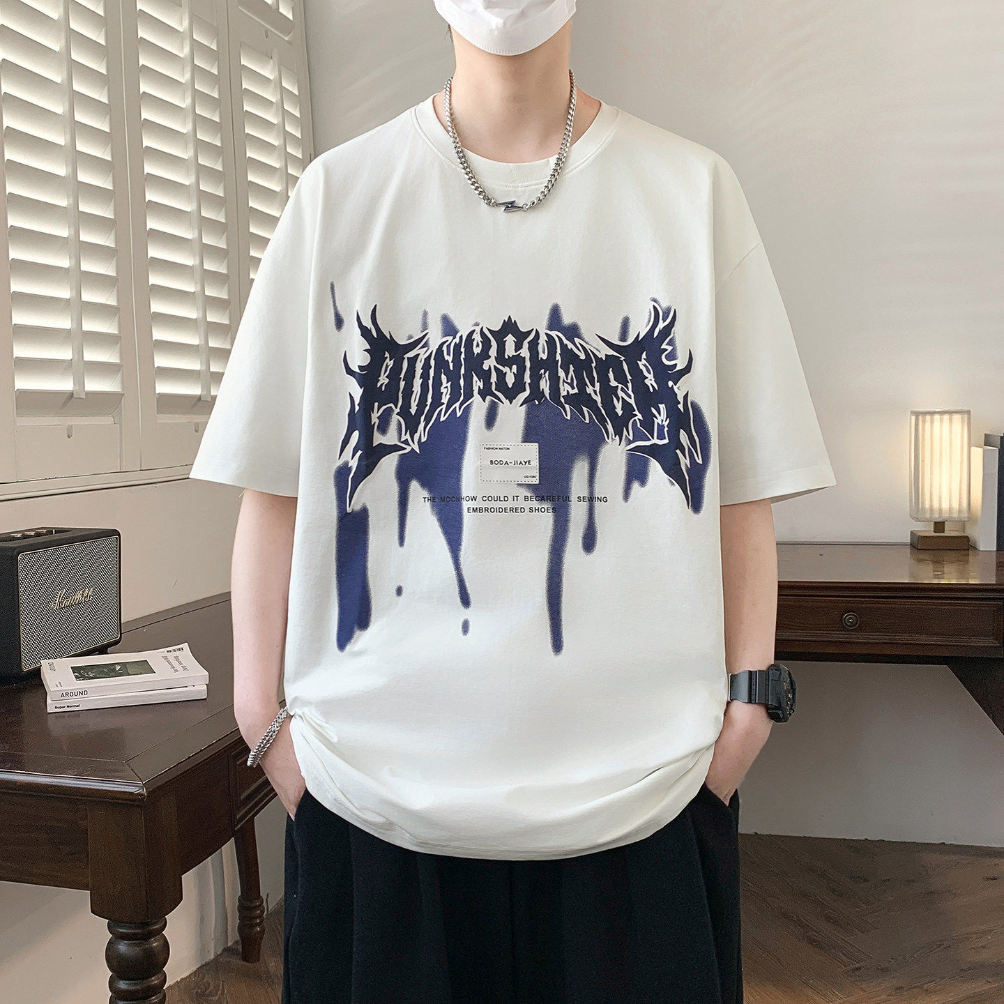 夏季重磅款美式高街泼墨涂鸦短袖痞帅宽松落肩袖设计宽松舒适T恤