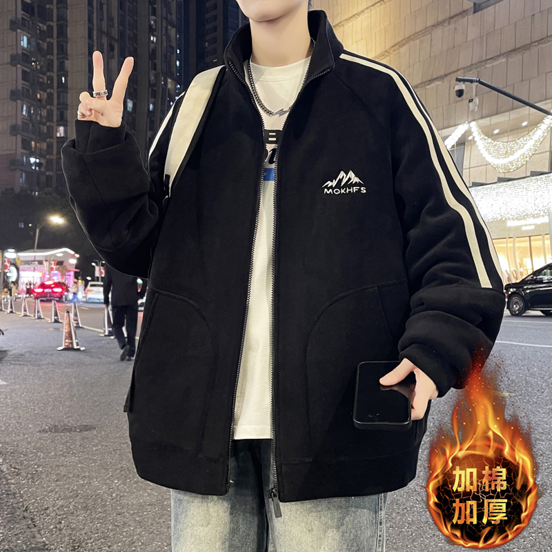 冬季新款青少年奥粒绒港风棉服加厚保暖条纹袖色设计男生立领棉衣