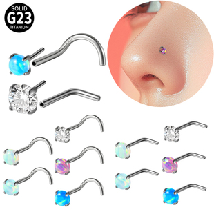 欧美气质G23钛四爪抓圆形澳宝锆石插针款L杆弯杆鼻钉女20G/0.8mm