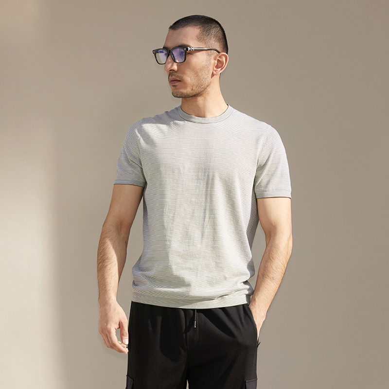 海島棉全棉圓領條紋短袖針織套衫