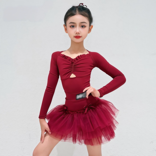 秋冬女童拉丁长袖V领蓬蓬裙套装