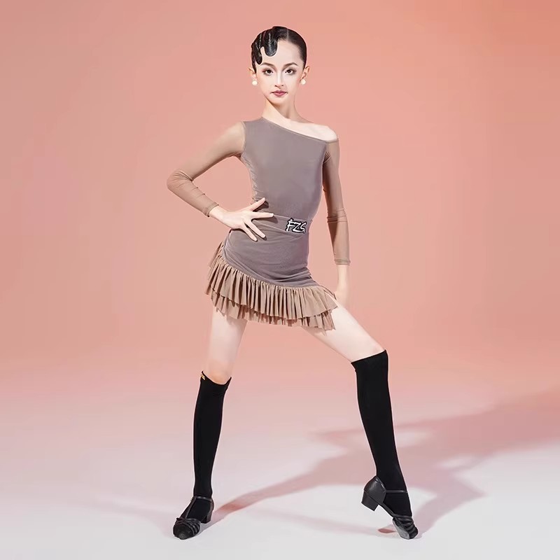 FZS同款秋冬女童新款拉丁舞服练习服斜肩长袖上衣荷叶边包臀短裙