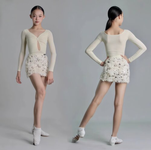 秋女童拉丁舞V领长袖亮片包臀裙