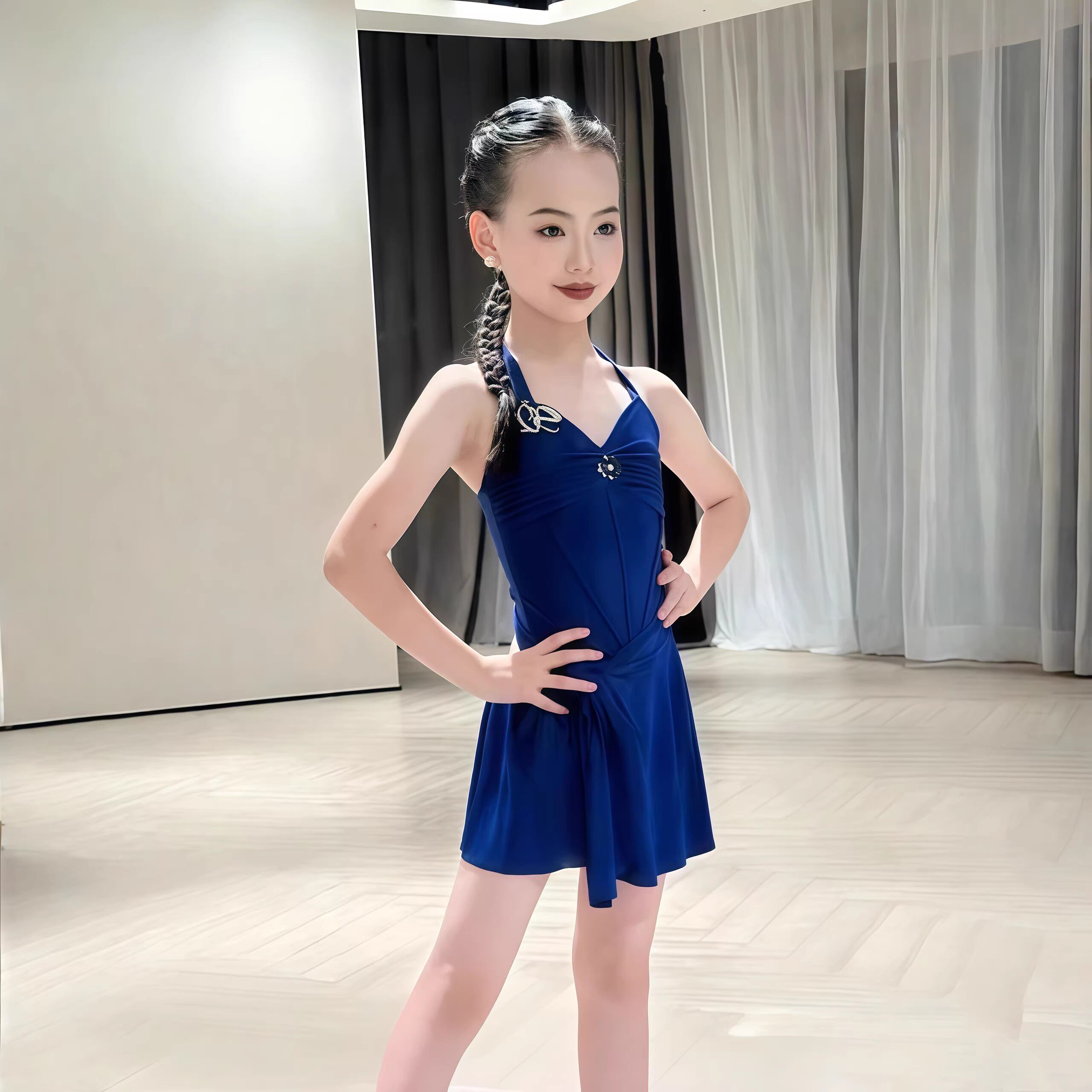 2026春季新款拉丁舞服女童日常练习服挂脖美背连体上衣系带包臀裙