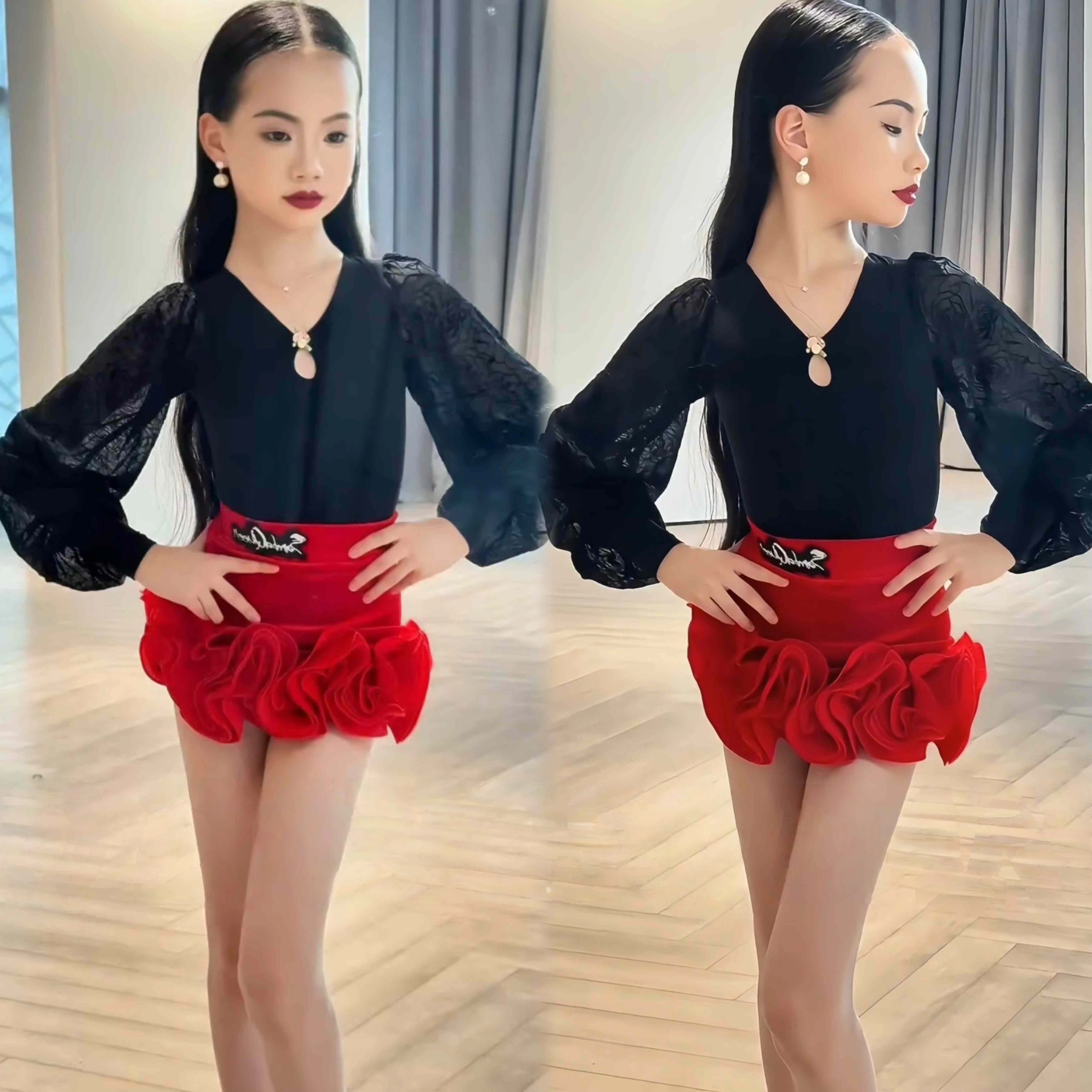 冬女童拉丁泡泡网纱小花朵蓬蓬裙