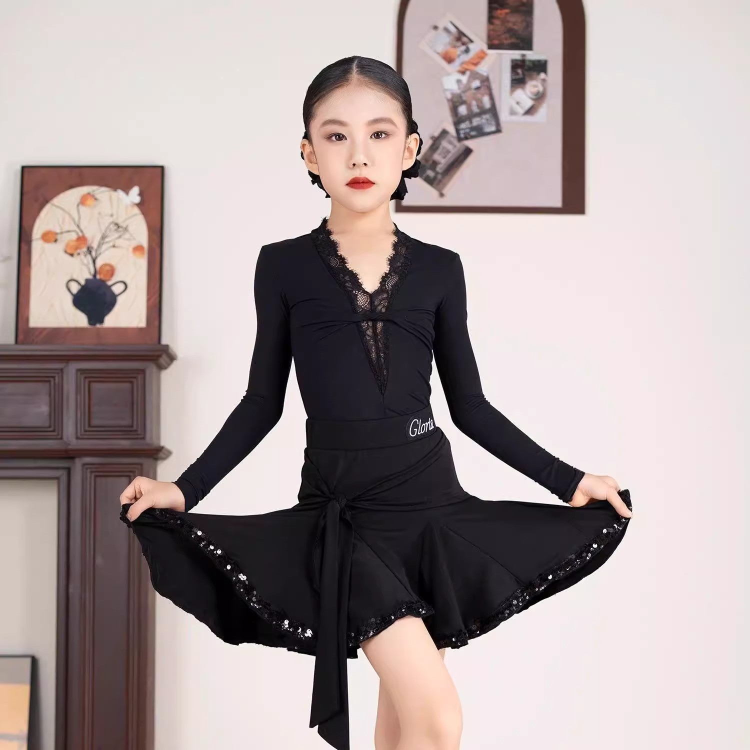 冬季女童拉丁长袖上衣亮片半身裙