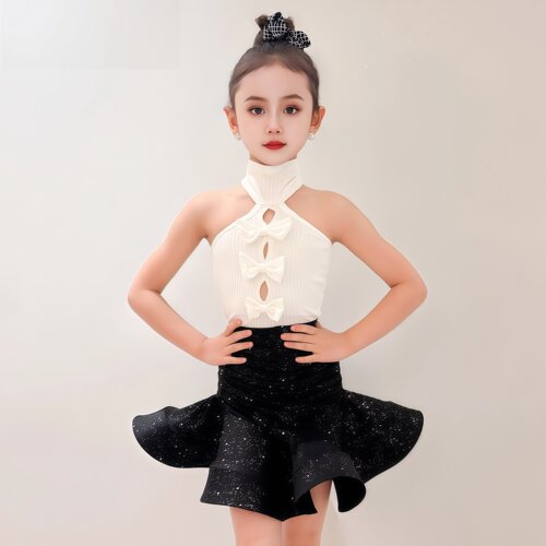 女童拉丁舞挂脖镂空大摆裙练习服