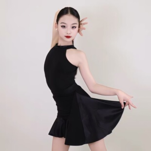 2026新款拉丁服女童黑色挂脖无袖分体套装训练比赛练功服夏季短裙