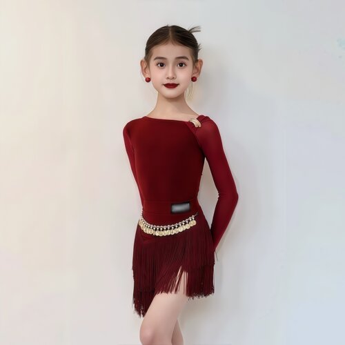 秋冬女童拉丁斜肩网纱流苏裙套装