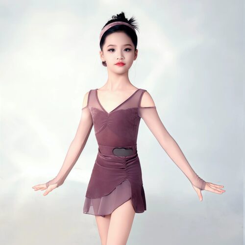 女童拉丁V领网纱袖不规则集训服