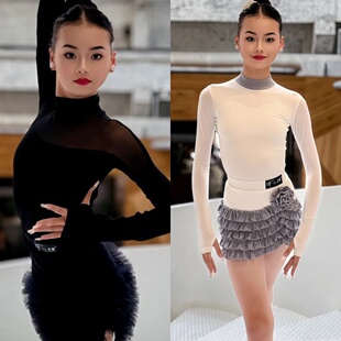 2026冬季新款女童拉丁舞服演出服高级感网纱长袖上衣花朵包臀半裙