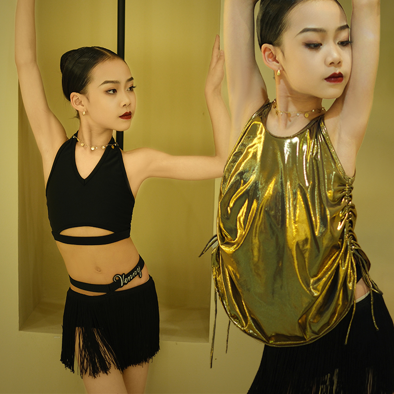女童拉丁舞服金色上衣黑色流苏裙
