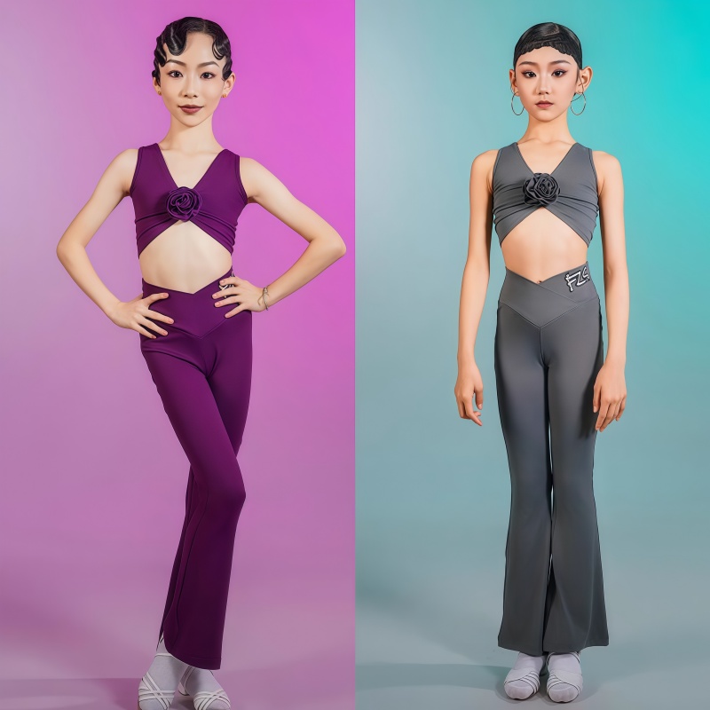 FZS新款女童拉丁舞v领花朵练功服