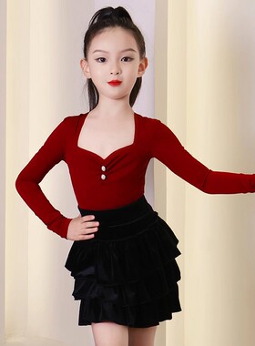 2026春季新款女童拉丁舞服练习服V领珍珠长袖上衣荷叶边蛋糕短裙