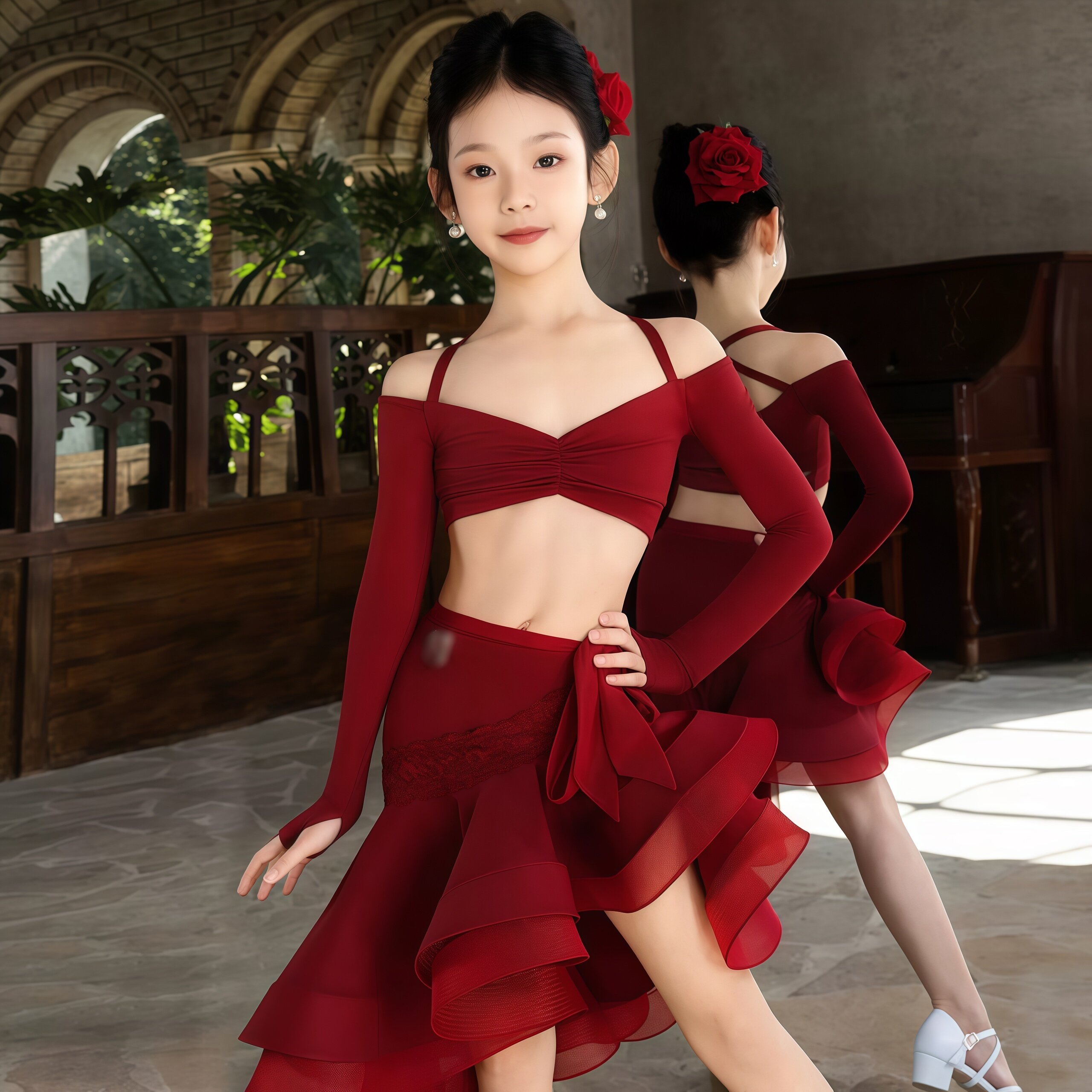 秋季新款拉丁舞服女童红色吊带露肩长袖分体鱼骨大摆裙表演演出服