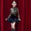 高领豹纹连体上衣网纱半身裙套装 女童拉丁舞服练习服长袖 新款 冬季