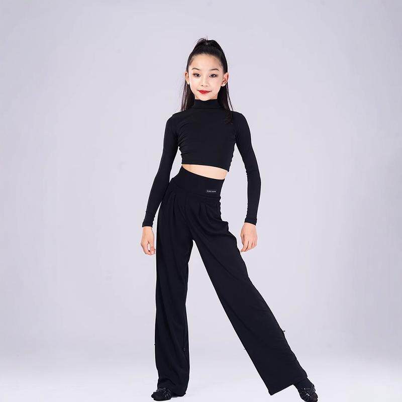 秋季新款女童拉丁舞服高领短款绑带长袖高腰长裤儿童练功分体套装