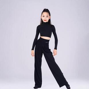 秋季新款女童拉丁舞服高领短款绑带长袖高腰长裤儿童练功分体套装