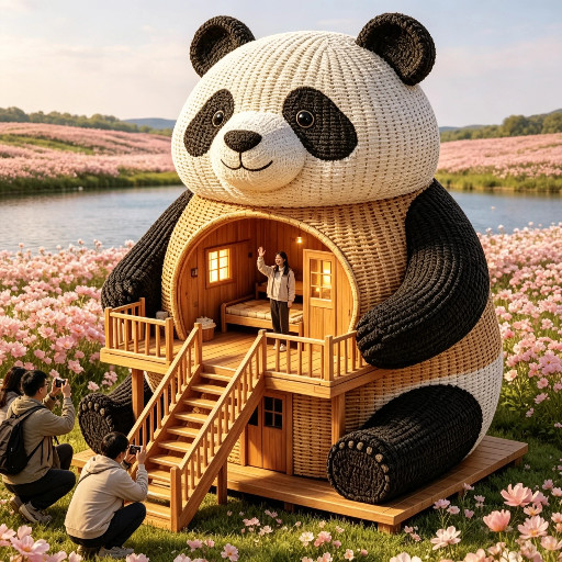 定制藤编仿真熊猫小屋雕塑户外花海景区网红打卡竹编景观装置小品图片