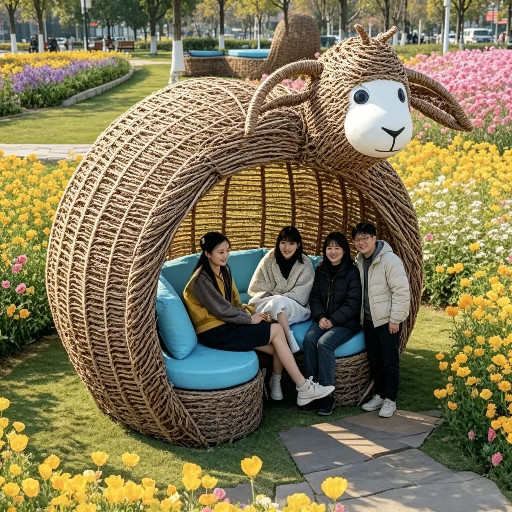 定制户外竹编卡通绵羊造型坐凳景区花园大型藤编动物网红景观雕塑
