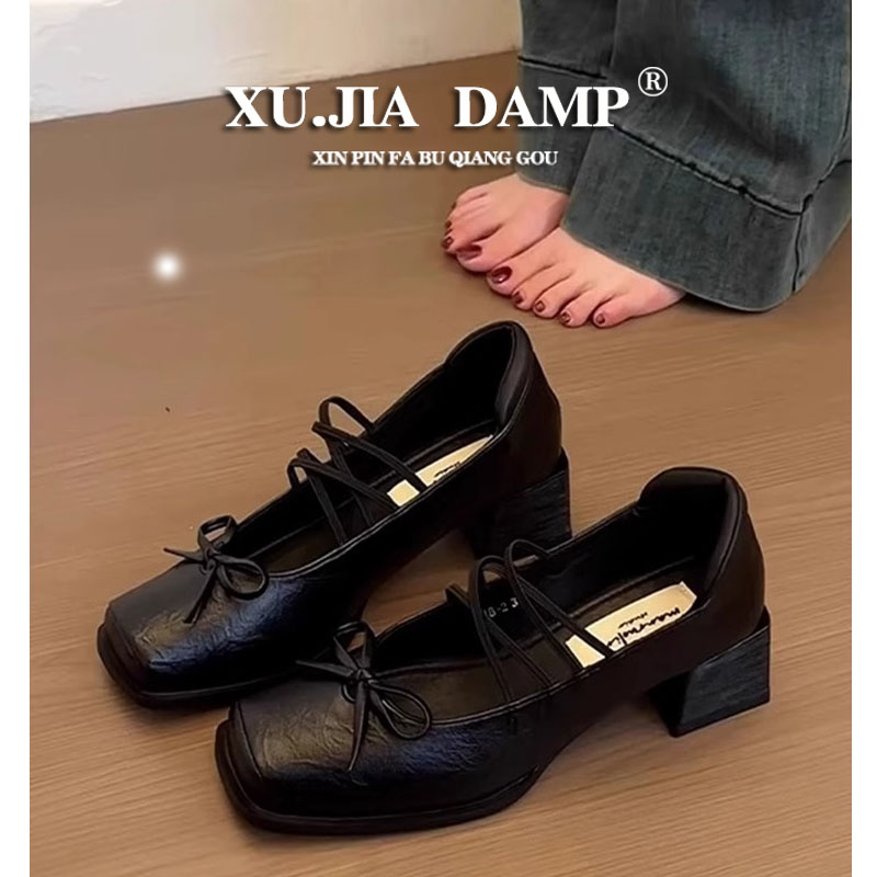 蝴蝶结高跟鞋女2025新款春夏粗跟单鞋法式方头芭蕾舞玛丽珍小皮鞋