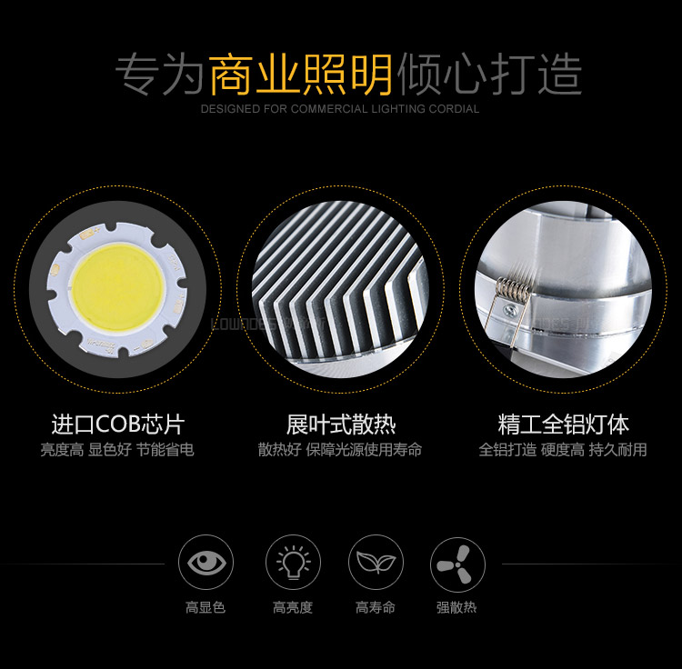 正方形射灯led天花筒灯方型单头斗胆豆胆吊顶格栅网格cob店铺商用