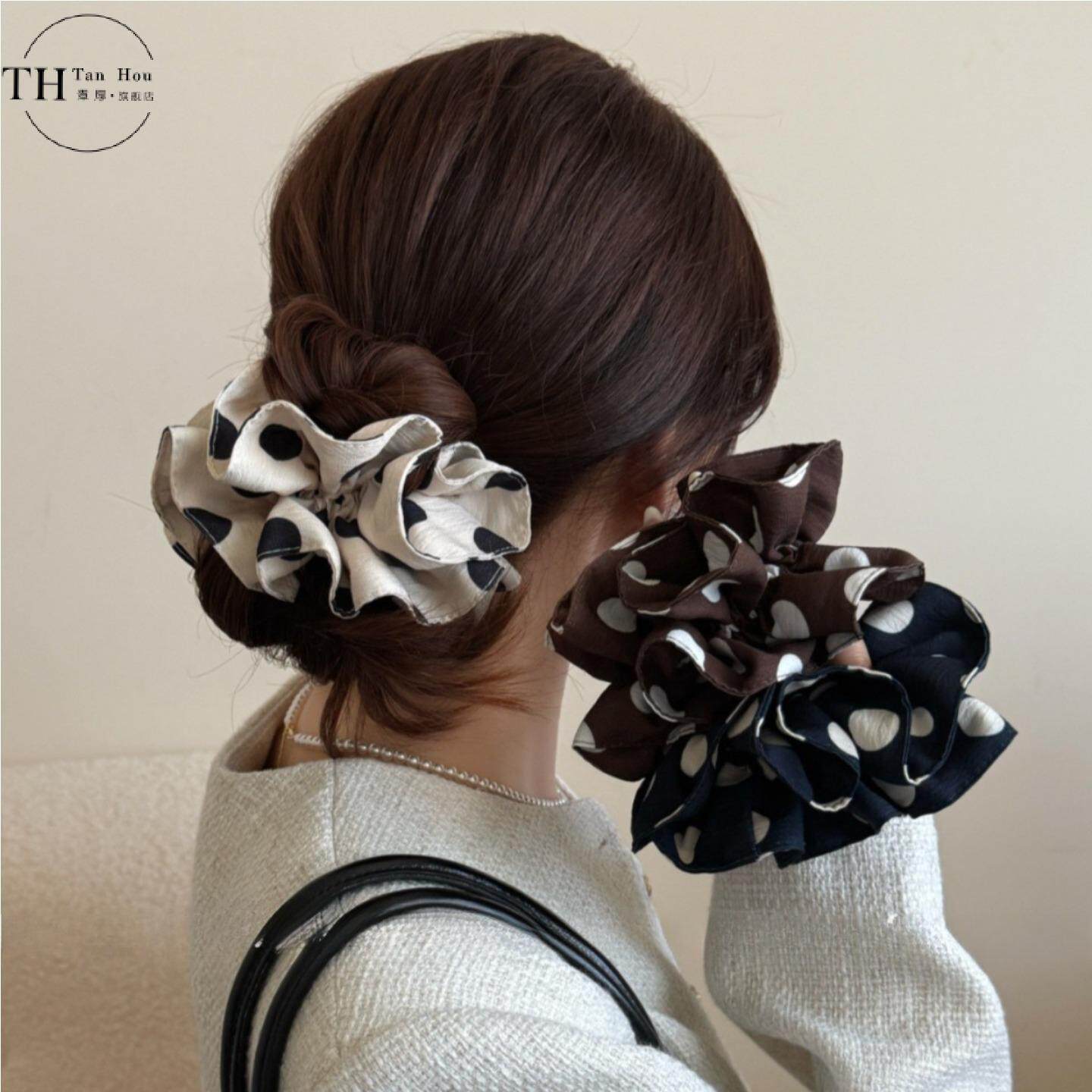 韩系藏青色波点双层大肠发圈女慵懒风丸子头简约百搭文化创意手环