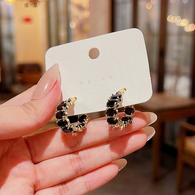 s925银针名媛气质黑色耳环高级
